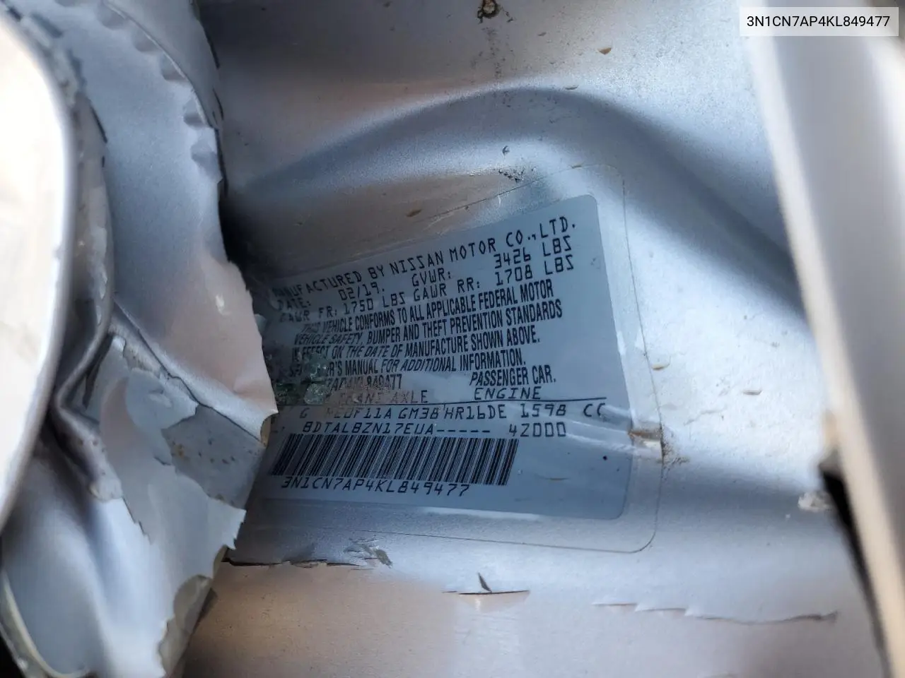 3N1CN7AP4KL849477 2019 Nissan Versa S