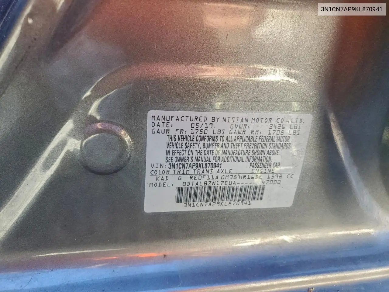 3N1CN7AP9KL870941 2019 Nissan Versa S
