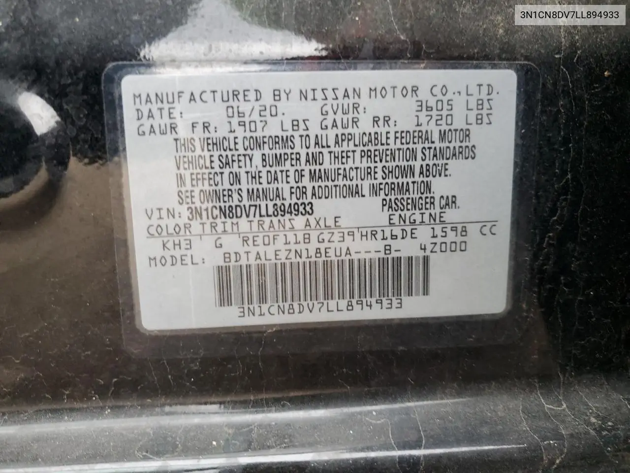 3N1CN8DV7LL894933 2020 Nissan Versa S