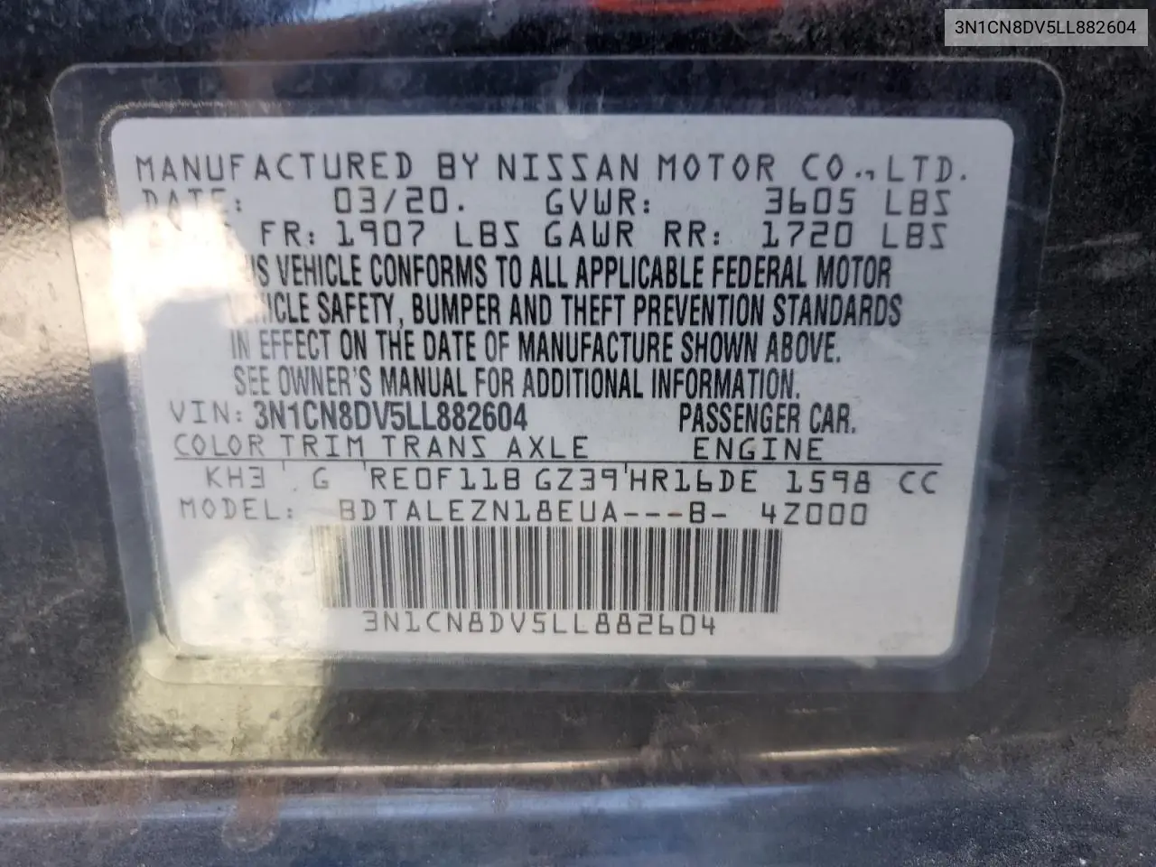 3N1CN8DV5LL882604 2020 Nissan Versa S