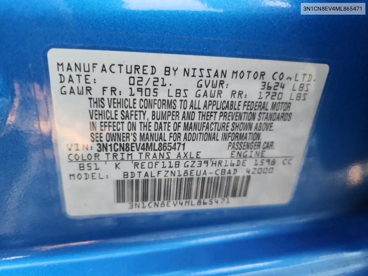 3N1CN8EV4ML865471 2021 Nissan Versa Sv