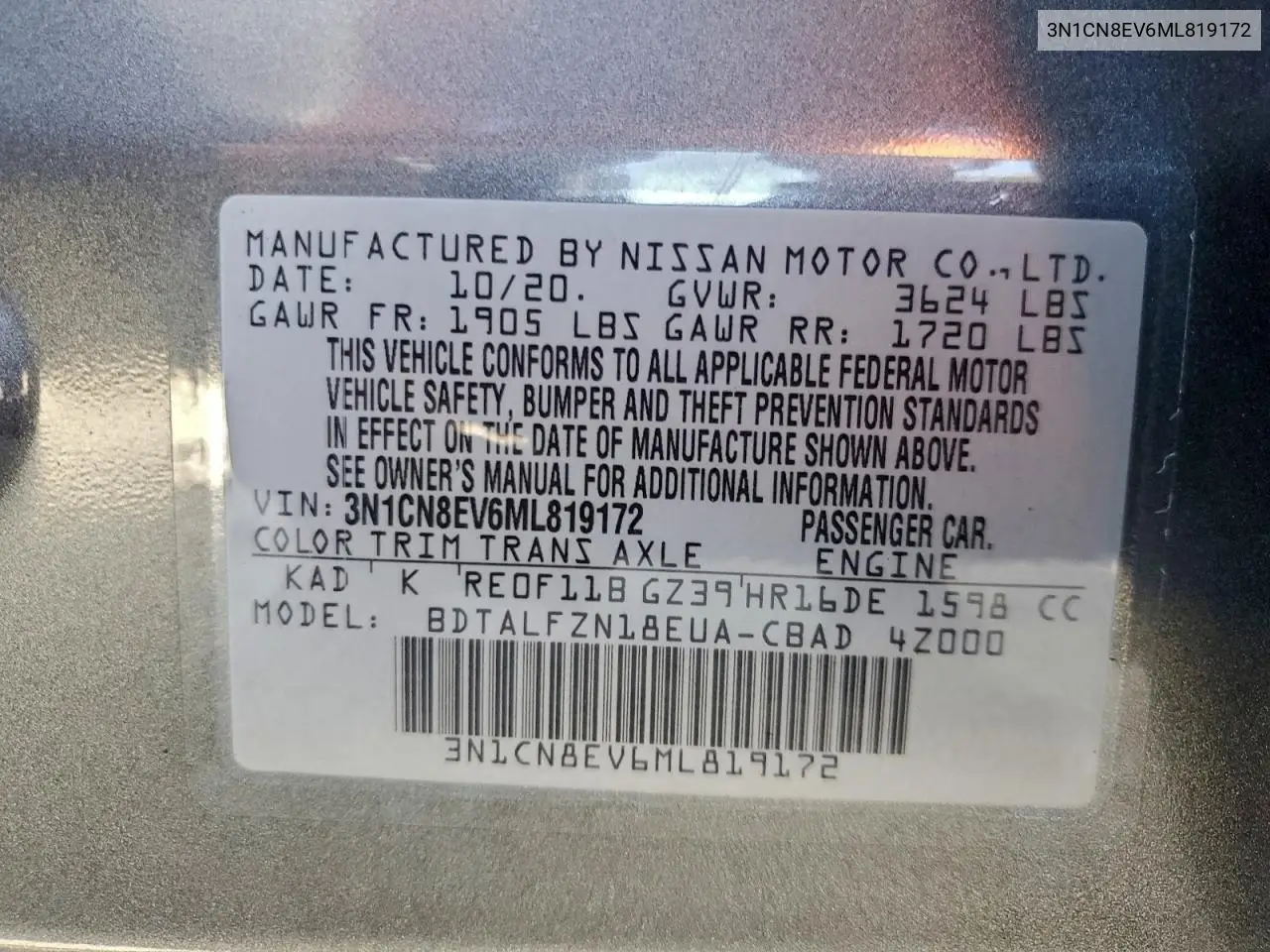 3N1CN8EV6ML819172 2021 Nissan Versa Sv