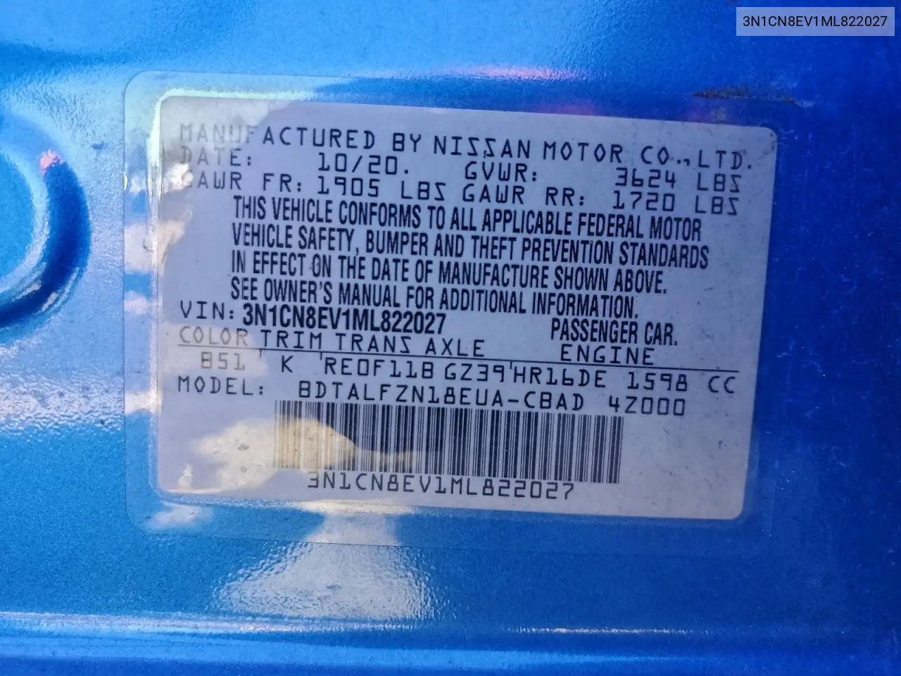 3N1CN8EV1ML822027 2021 Nissan Versa Sv