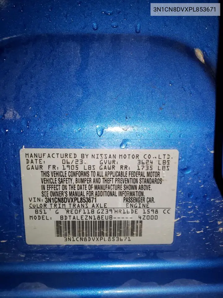 3N1CN8DVXPL853671 2023 Nissan Versa S