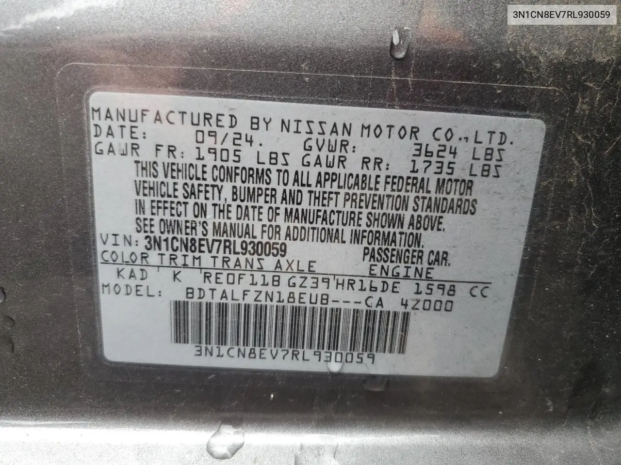 3N1CN8EV7RL930059 2024 Nissan Versa Sv