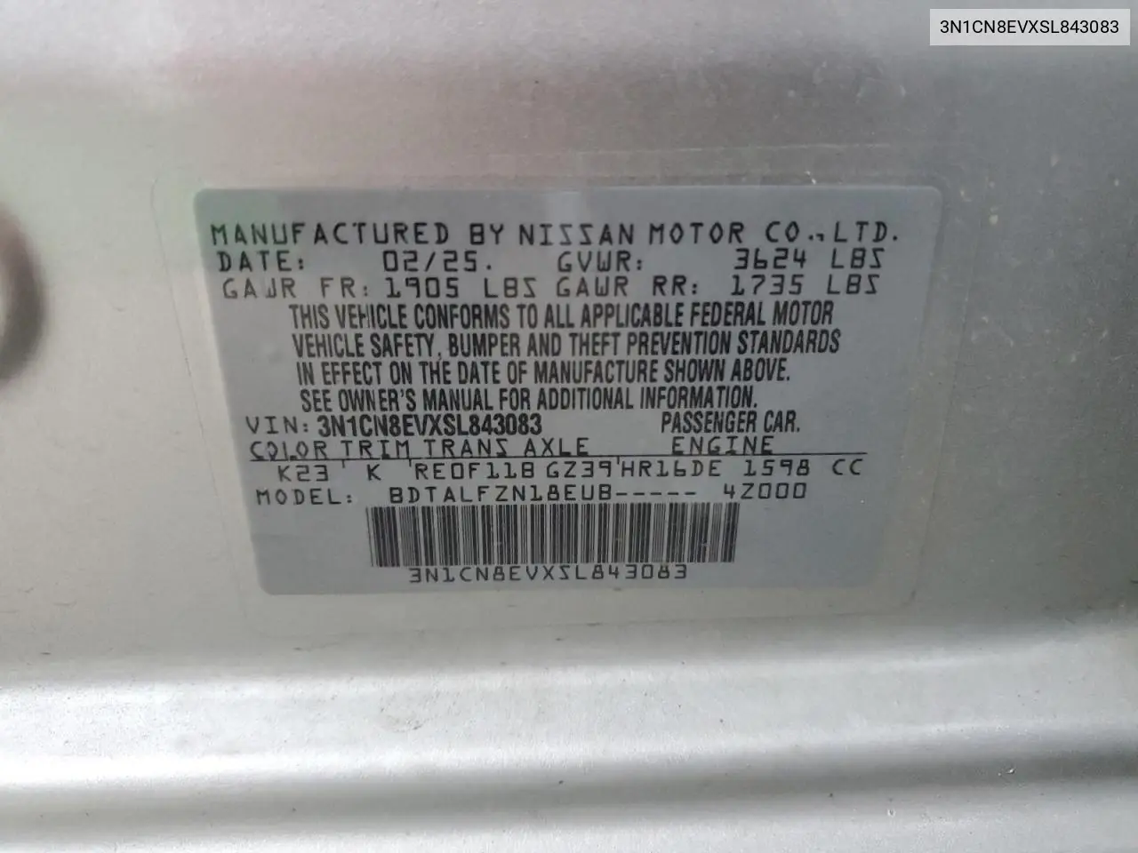 3N1CN8EVXSL843083 2025 Nissan Versa Sv