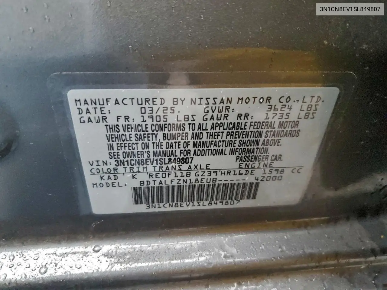 3N1CN8EV1SL849807 2025 Nissan Versa Sv