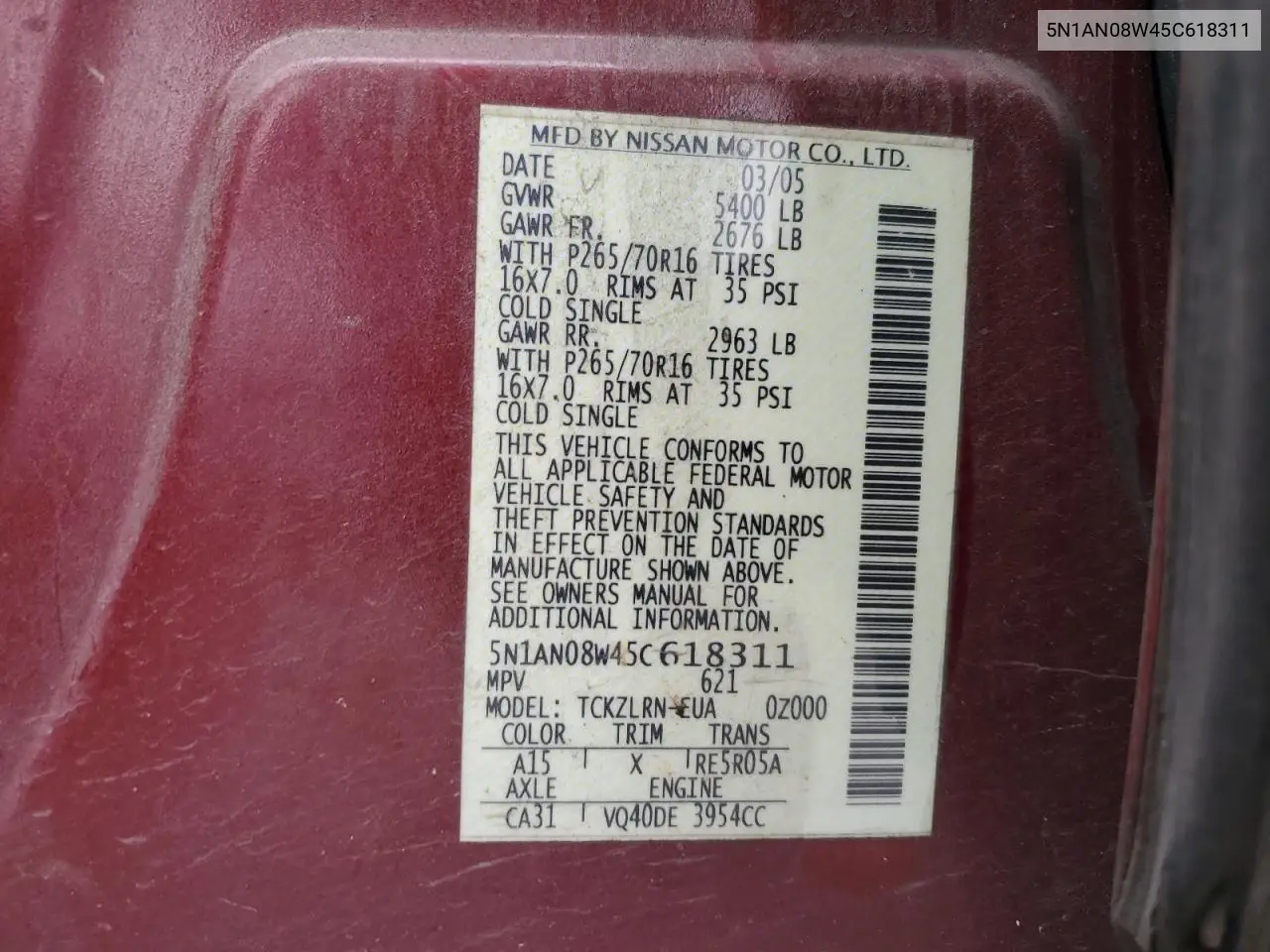 5N1AN08W45C618311 2005 Nissan Xterra Off Road