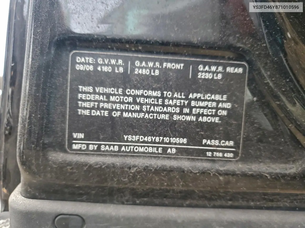 YS3FD46Y871010596 2007 Saab 9-3 2.0T