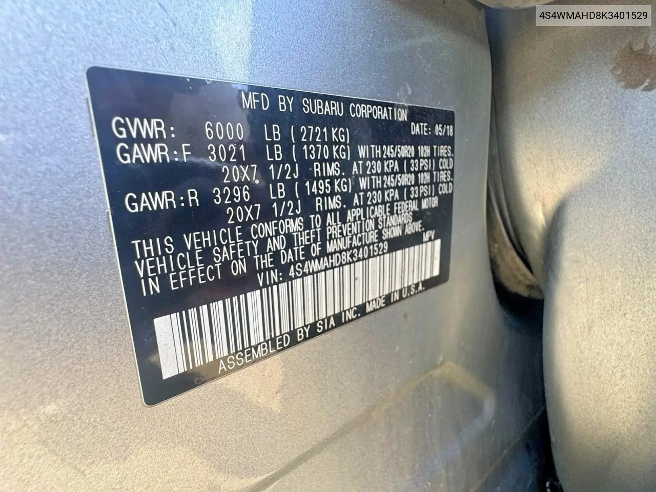 4S4WMAHD8K3401529 2019 Subaru Ascent Premium