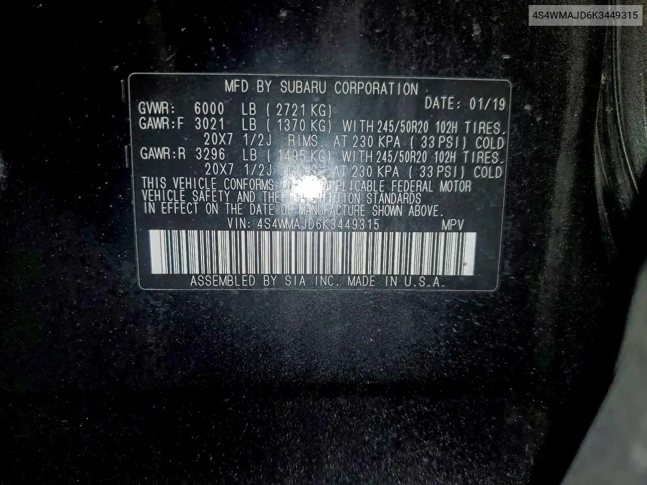 4S4WMAJD6K3449315 2019 Subaru Ascent Limited