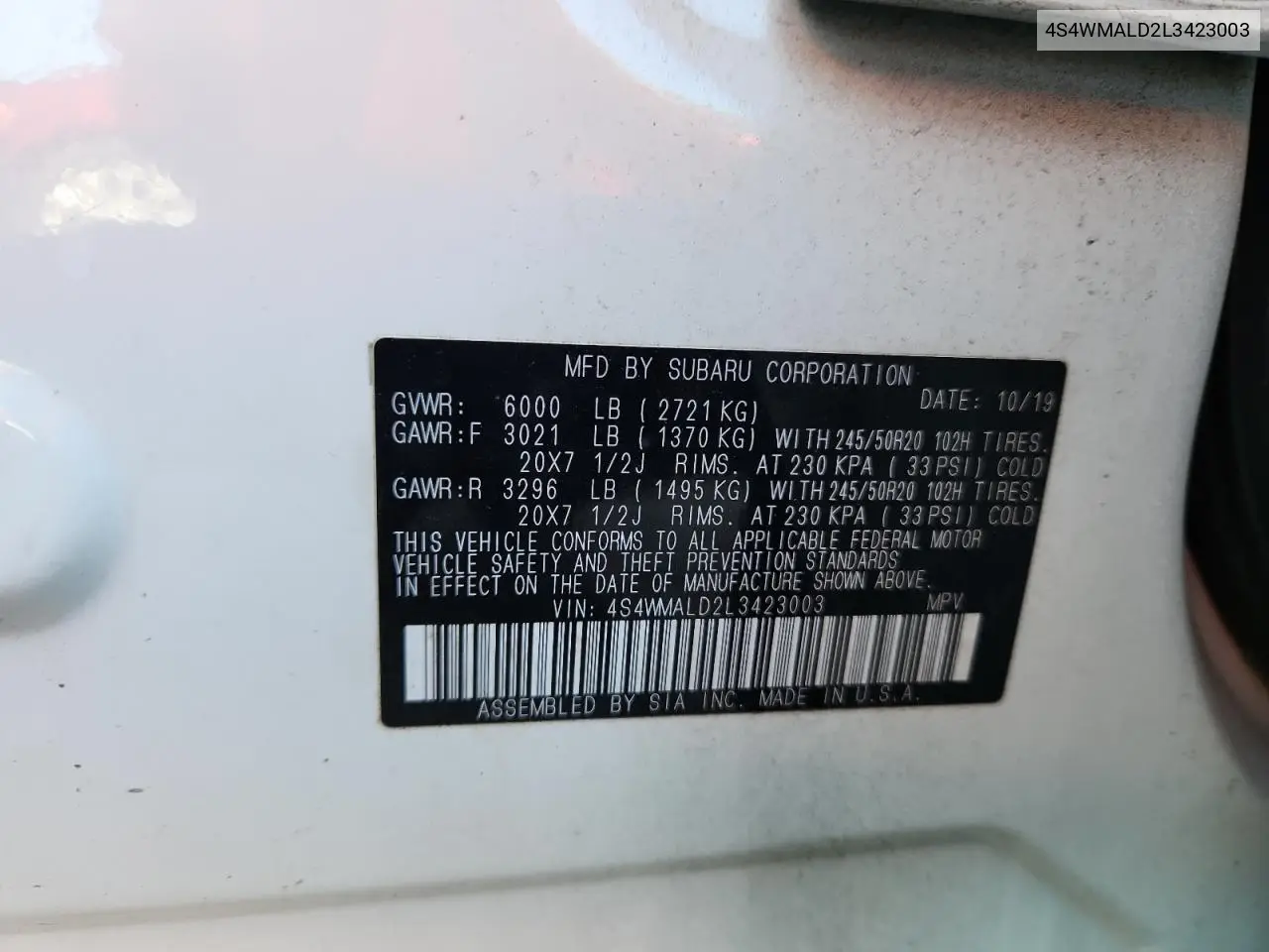 4S4WMALD2L3423003 2020 Subaru Ascent Limited