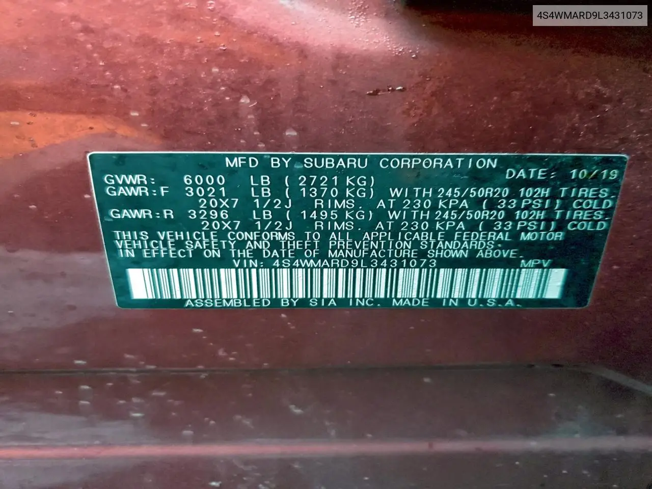4S4WMARD9L3431073 2020 Subaru Ascent Touring