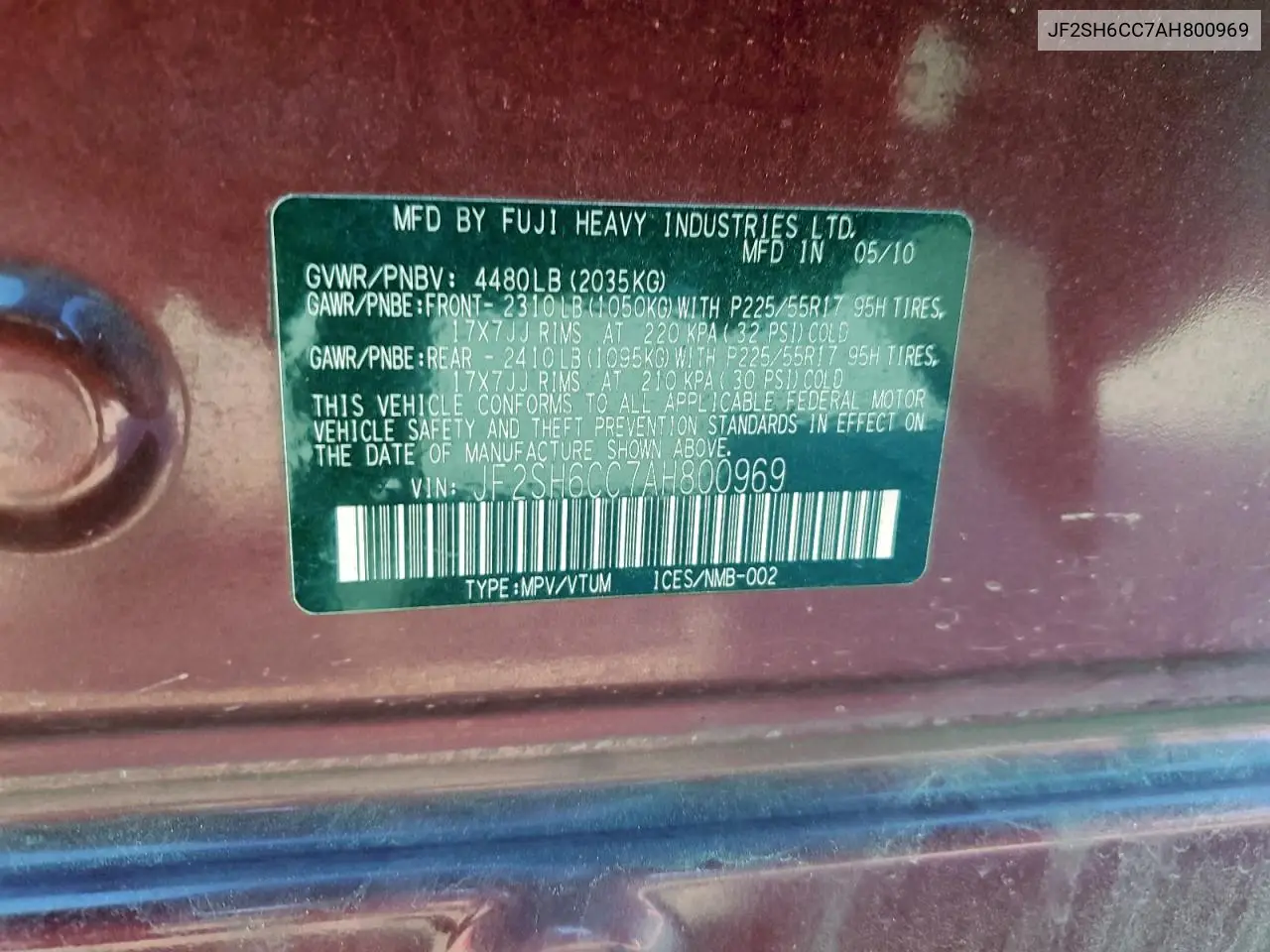 JF2SH6CC7AH800969 2010 Subaru Forester 2.5X Premium