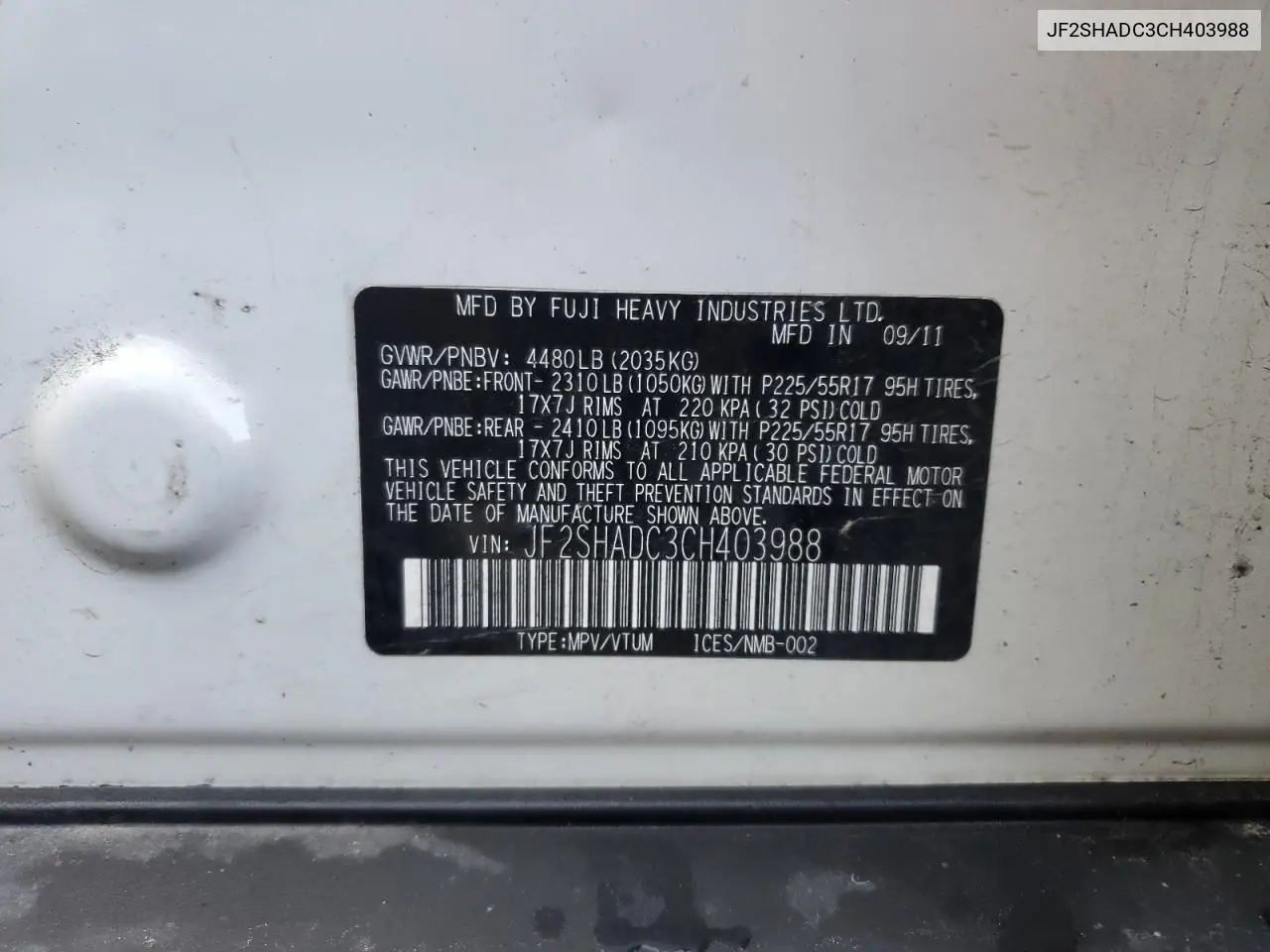 JF2SHADC3CH403988 2012 Subaru Forester 2.5X Premium