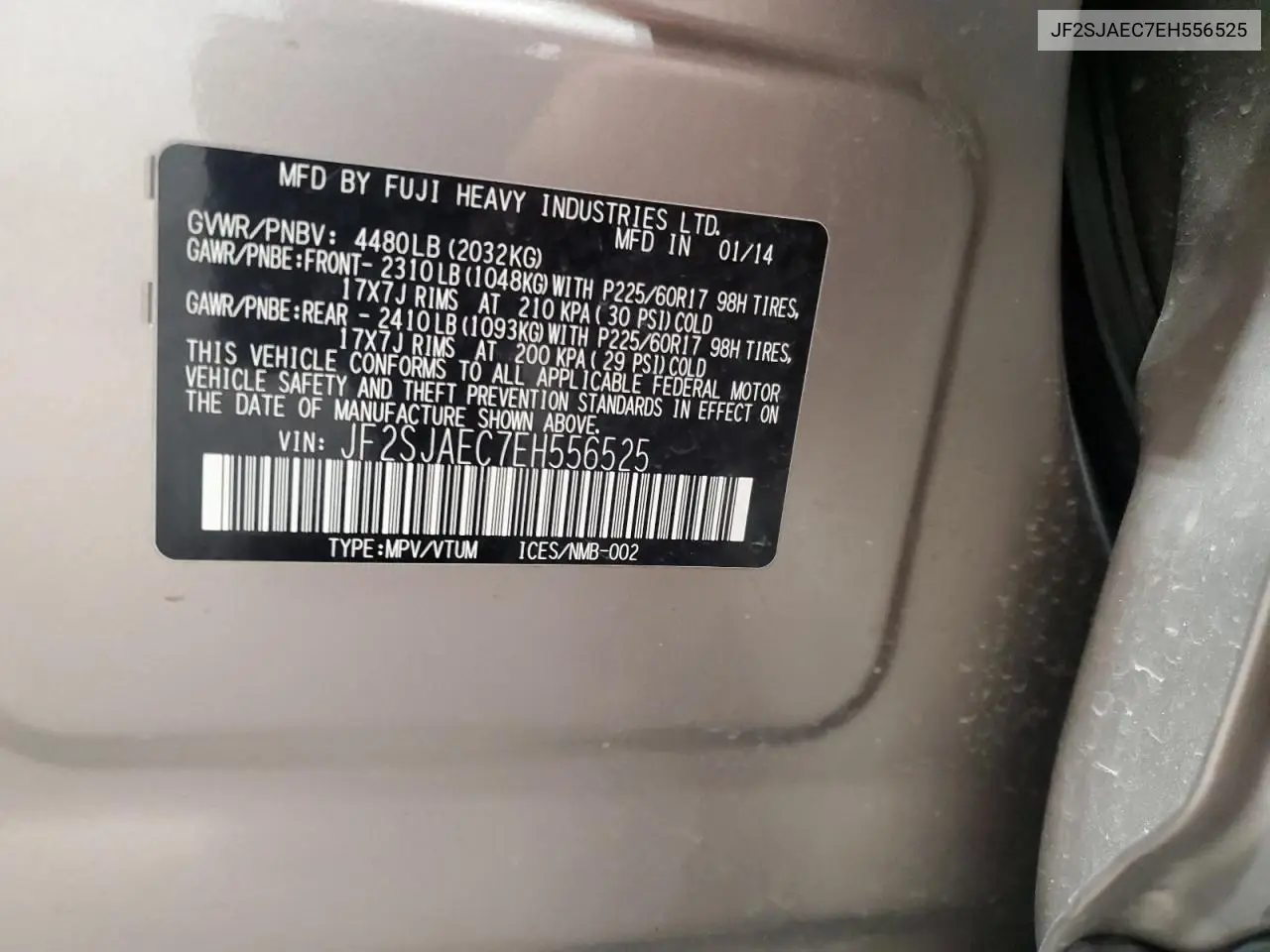 JF2SJAEC7EH556525 2014 Subaru Forester 2.5I Premium