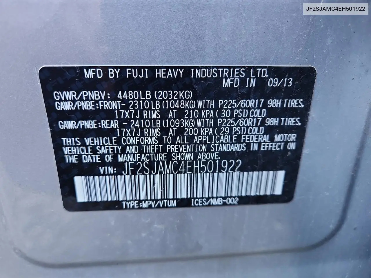 JF2SJAMC4EH501922 2014 Subaru Forester 2.5I Touring