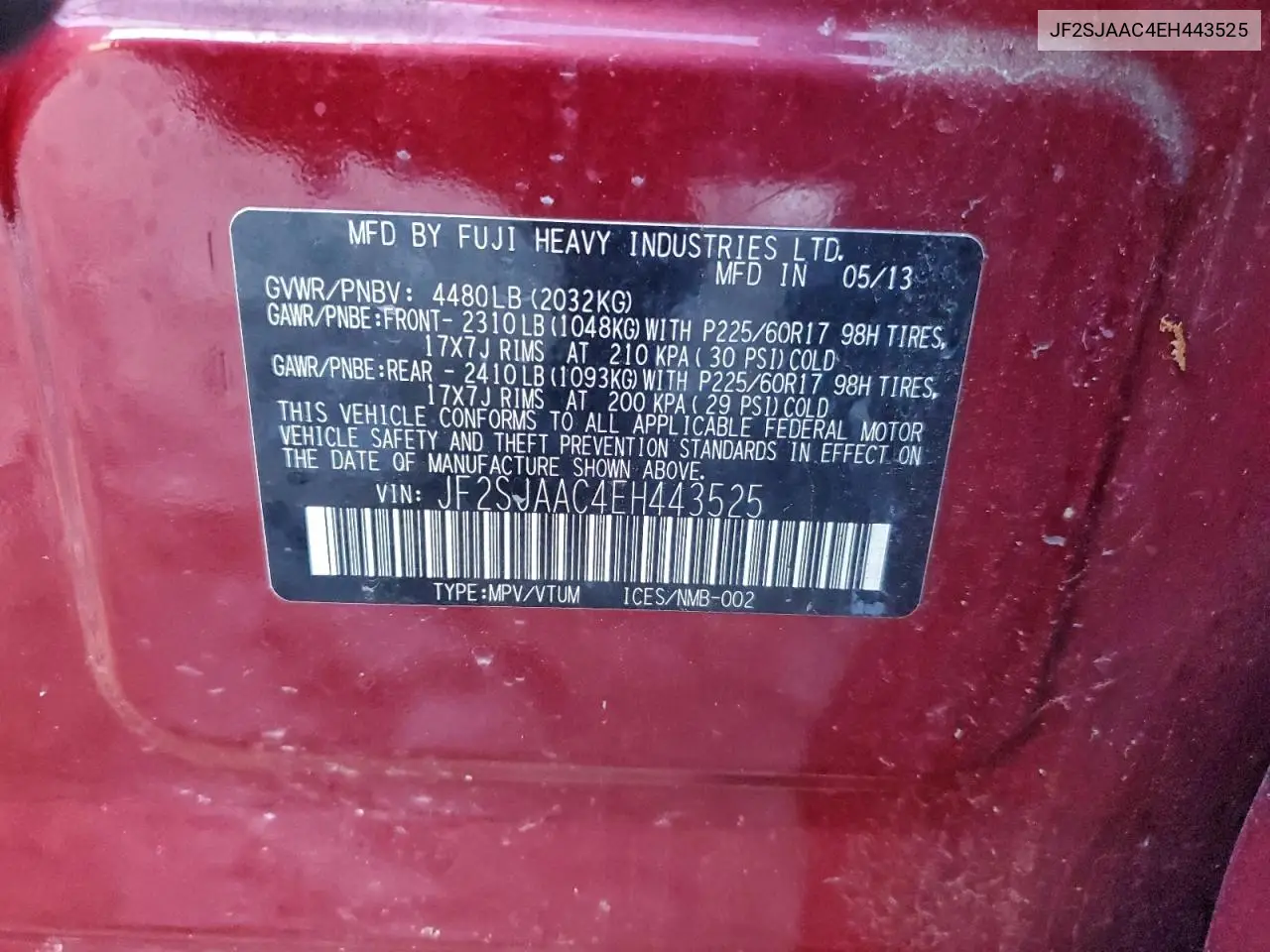 JF2SJAAC4EH443525 2014 Subaru Forester 2.5I