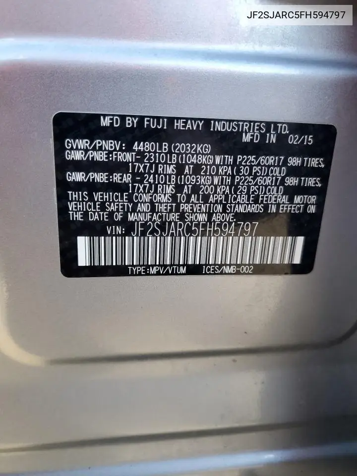 JF2SJARC5FH594797 2015 Subaru Forester 2.5I Limited