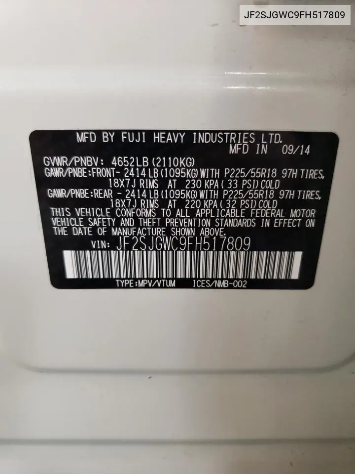 JF2SJGWC9FH517809 2015 Subaru Forester 2.0Xt Touring
