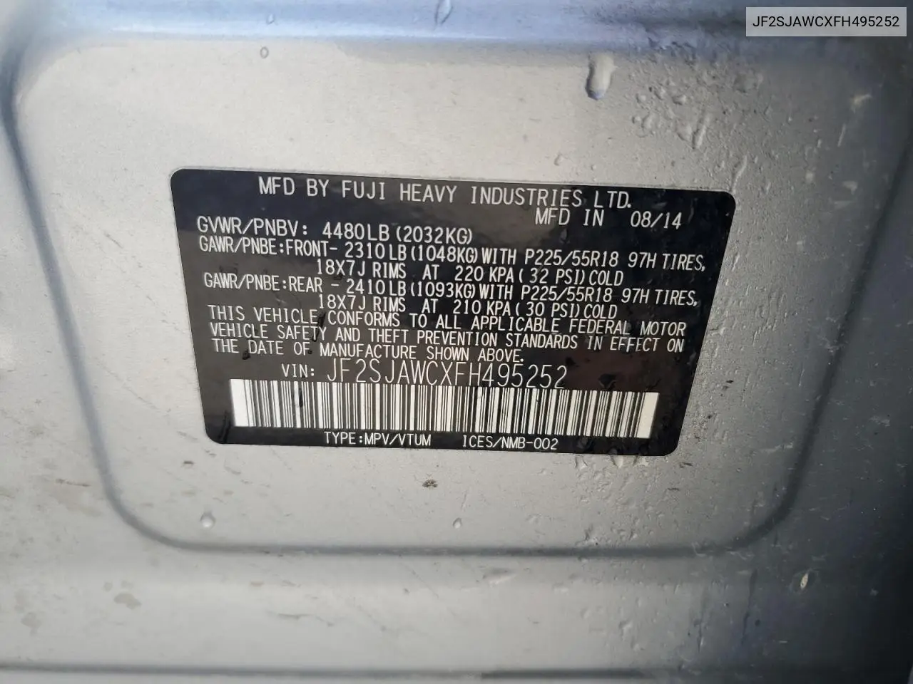 JF2SJAWCXFH495252 2015 Subaru Forester 2.5I Touring