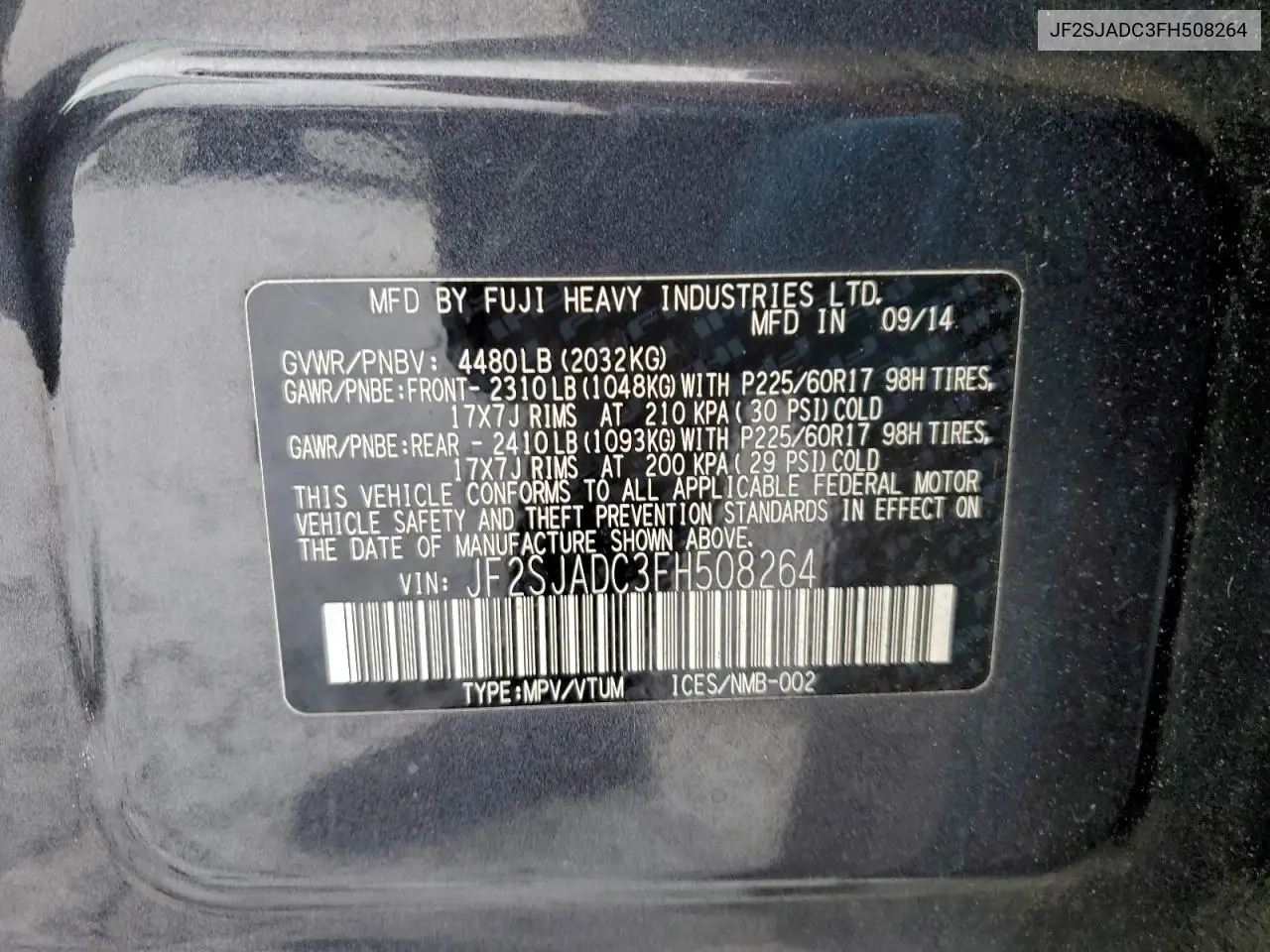JF2SJADC3FH508264 2015 Subaru Forester 2.5I Premium