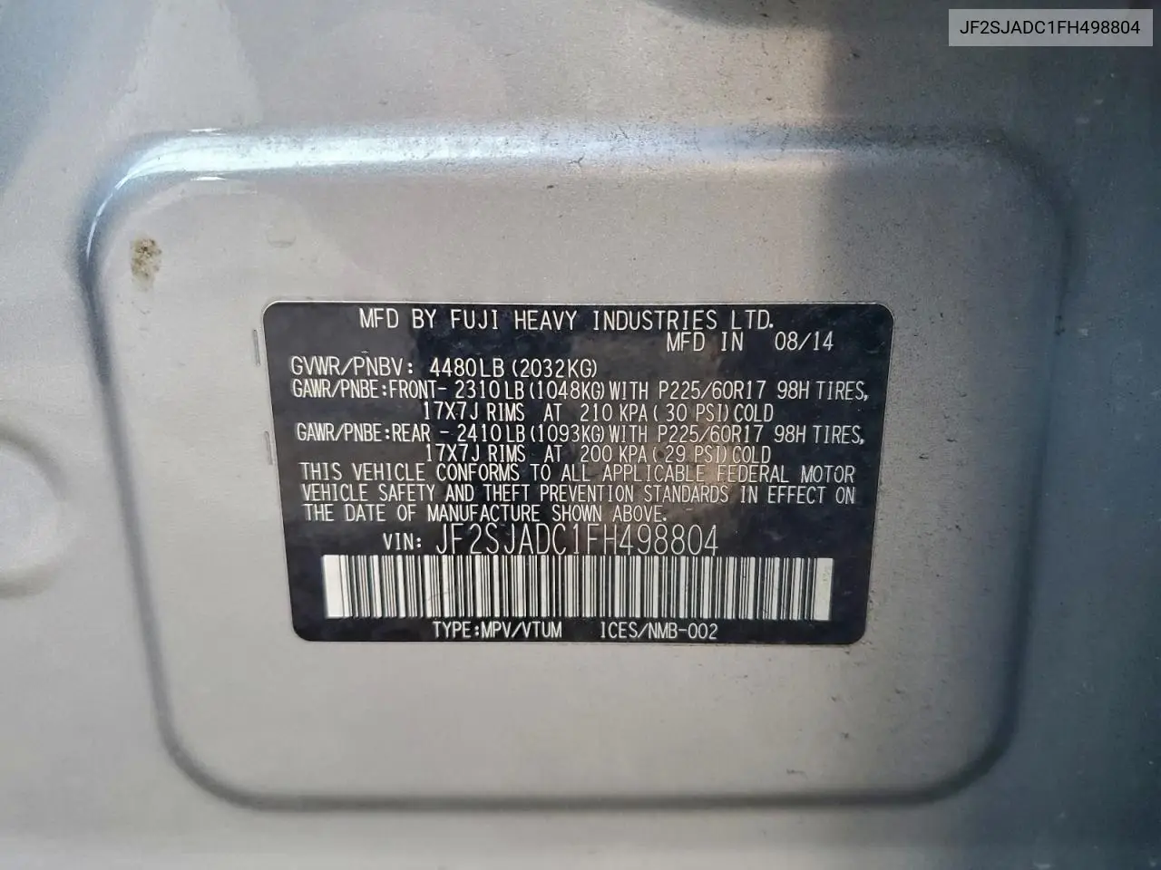 JF2SJADC1FH498804 2015 Subaru Forester 2.5I Premium