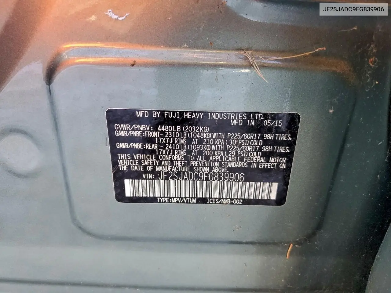JF2SJADC9FG839906 2015 Subaru Forester 2.5I Premium