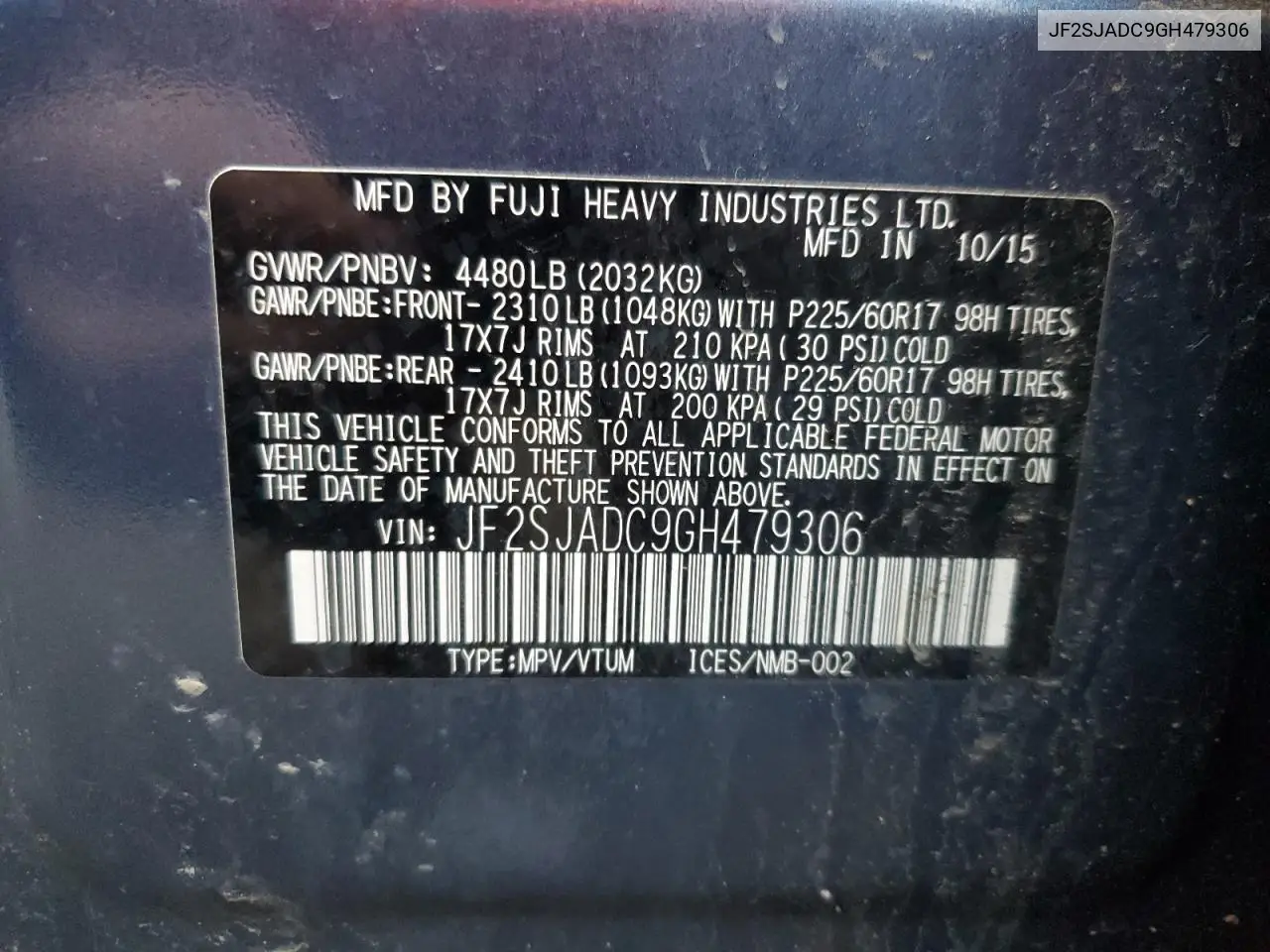 JF2SJADC9GH479306 2016 Subaru Forester 2.5I Premium