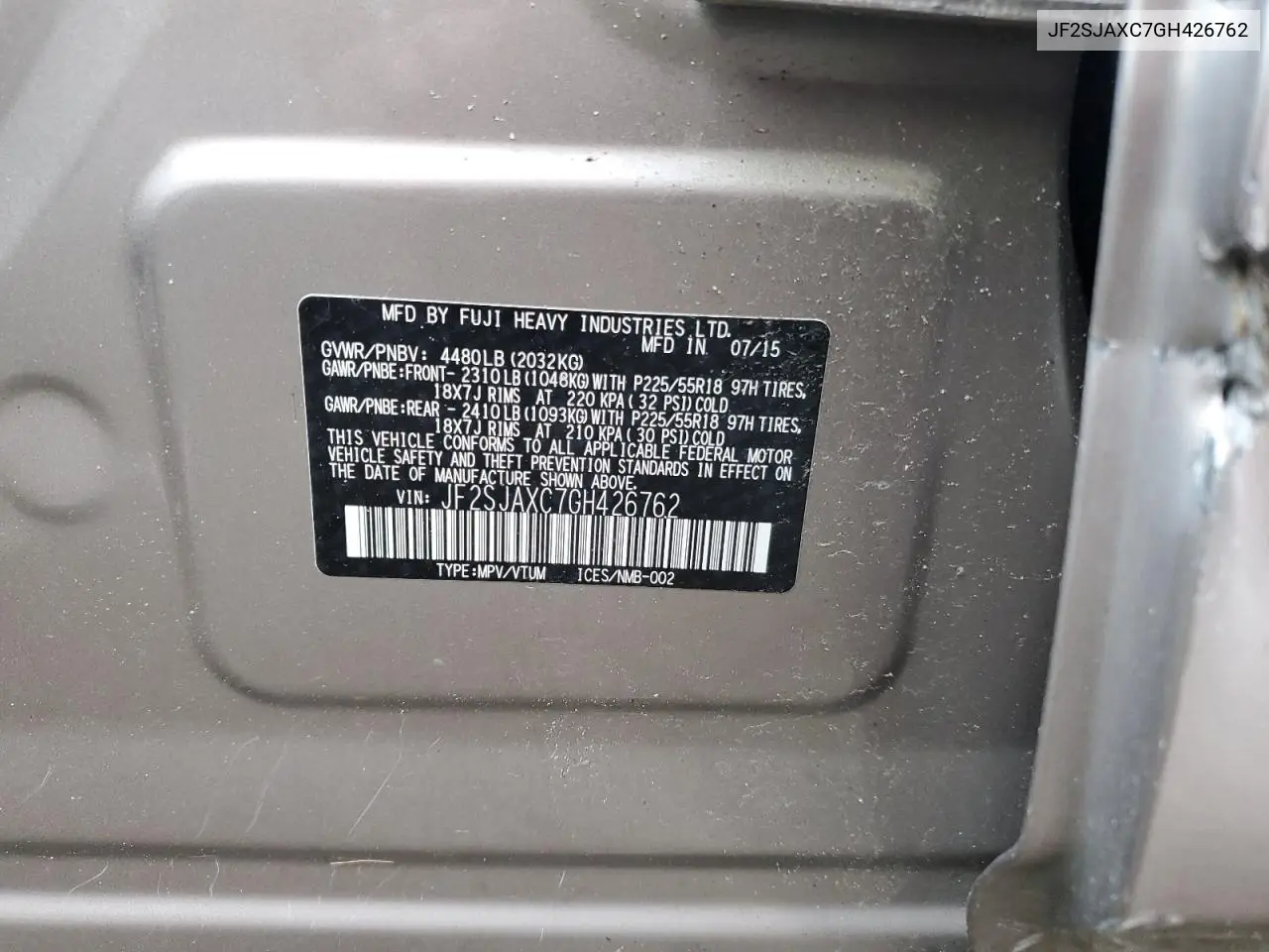 JF2SJAXC7GH426762 2016 Subaru Forester 2.5I Touring