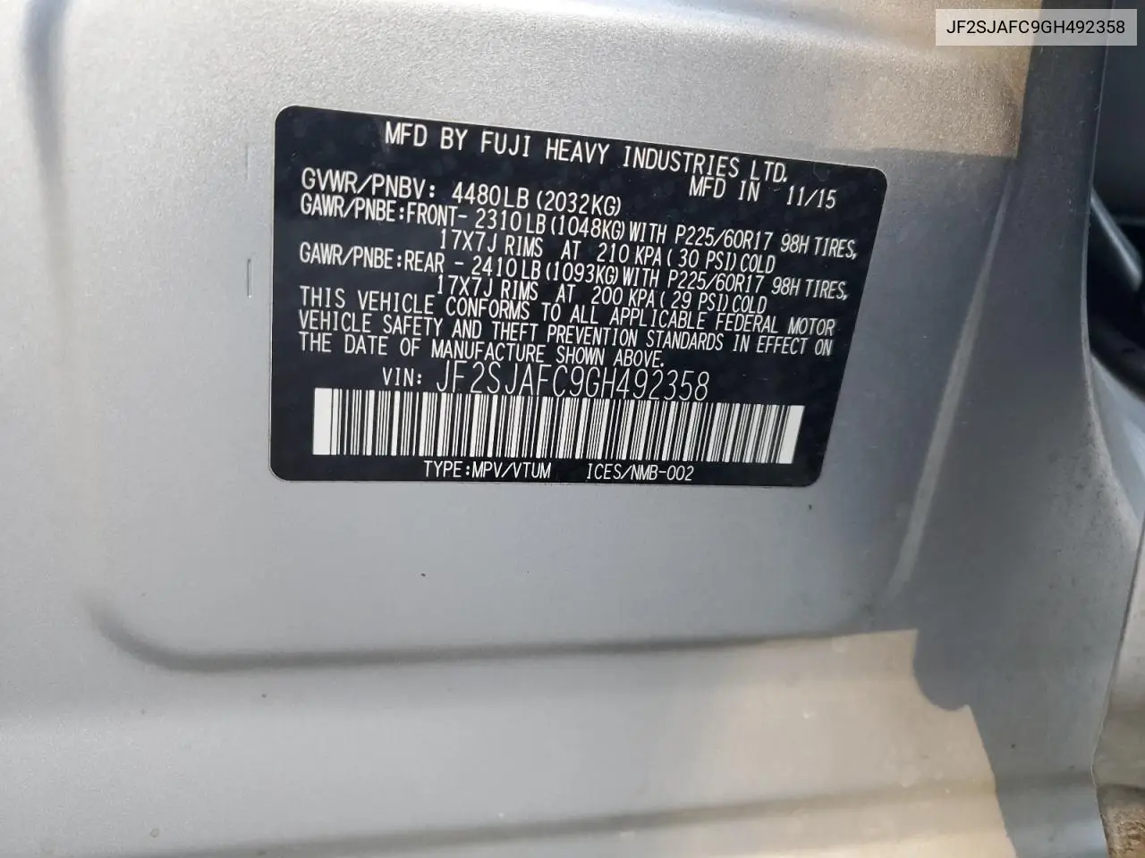 JF2SJAFC9GH492358 2016 Subaru Forester 2.5I Premium