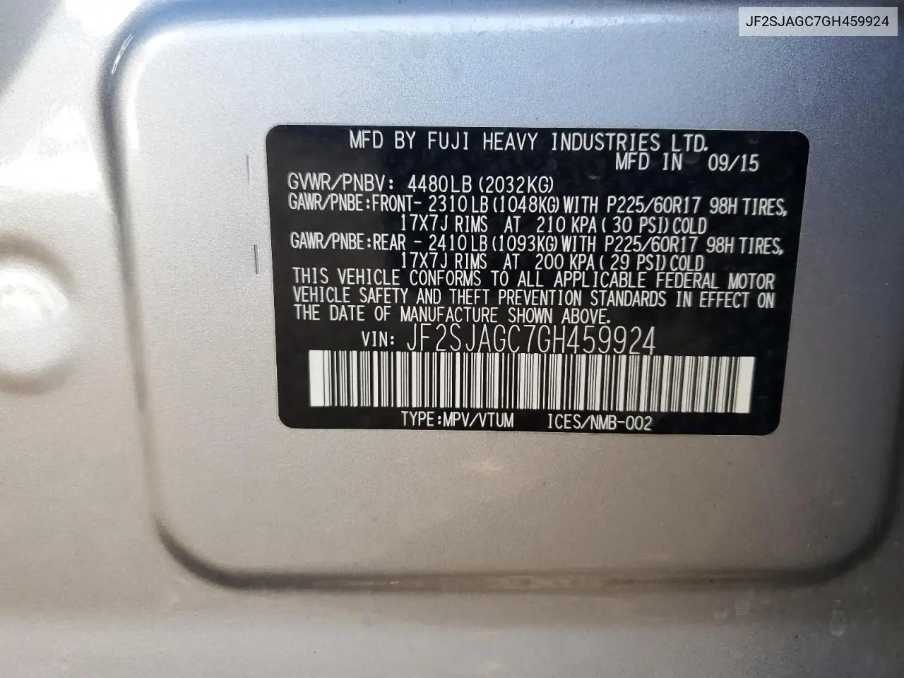 JF2SJAGC7GH459924 2016 Subaru Forester 2.5I Premium