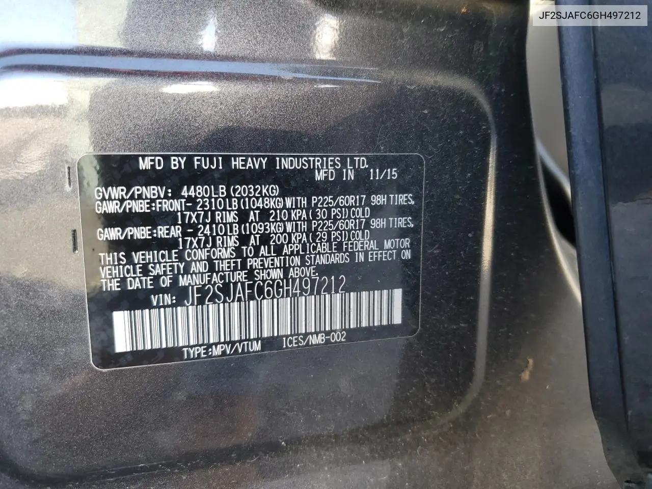 JF2SJAFC6GH497212 2016 Subaru Forester 2.5I Premium