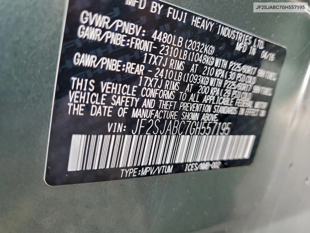 JF2SJABC7GH557195 2016 Subaru Forester 2.5I