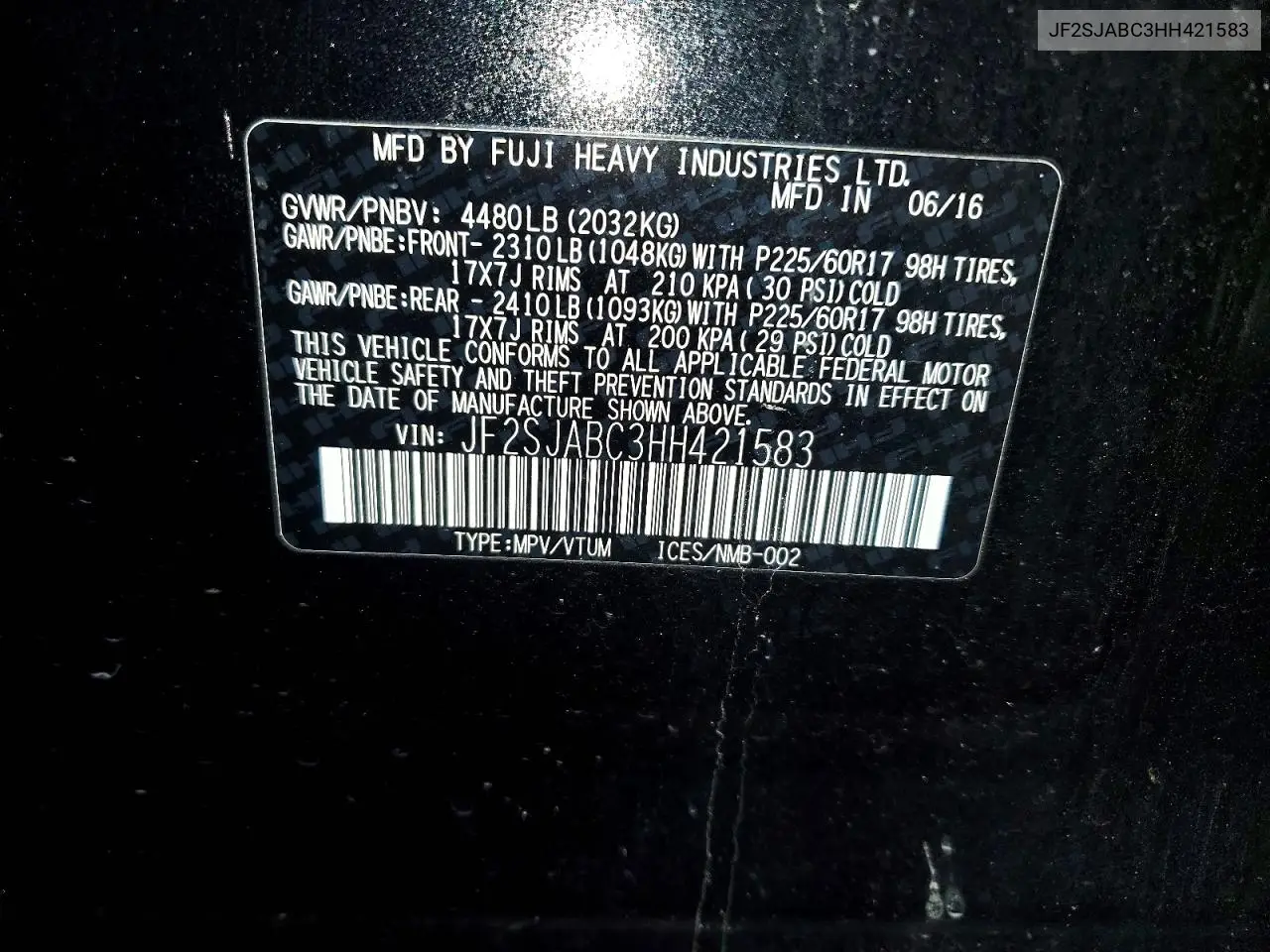JF2SJABC3HH421583 2017 Subaru Forester 2.5I