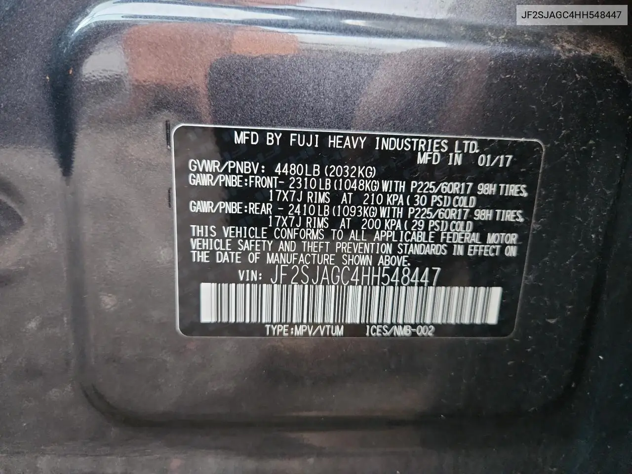 JF2SJAGC4HH548447 2017 Subaru Forester 2.5I Premium