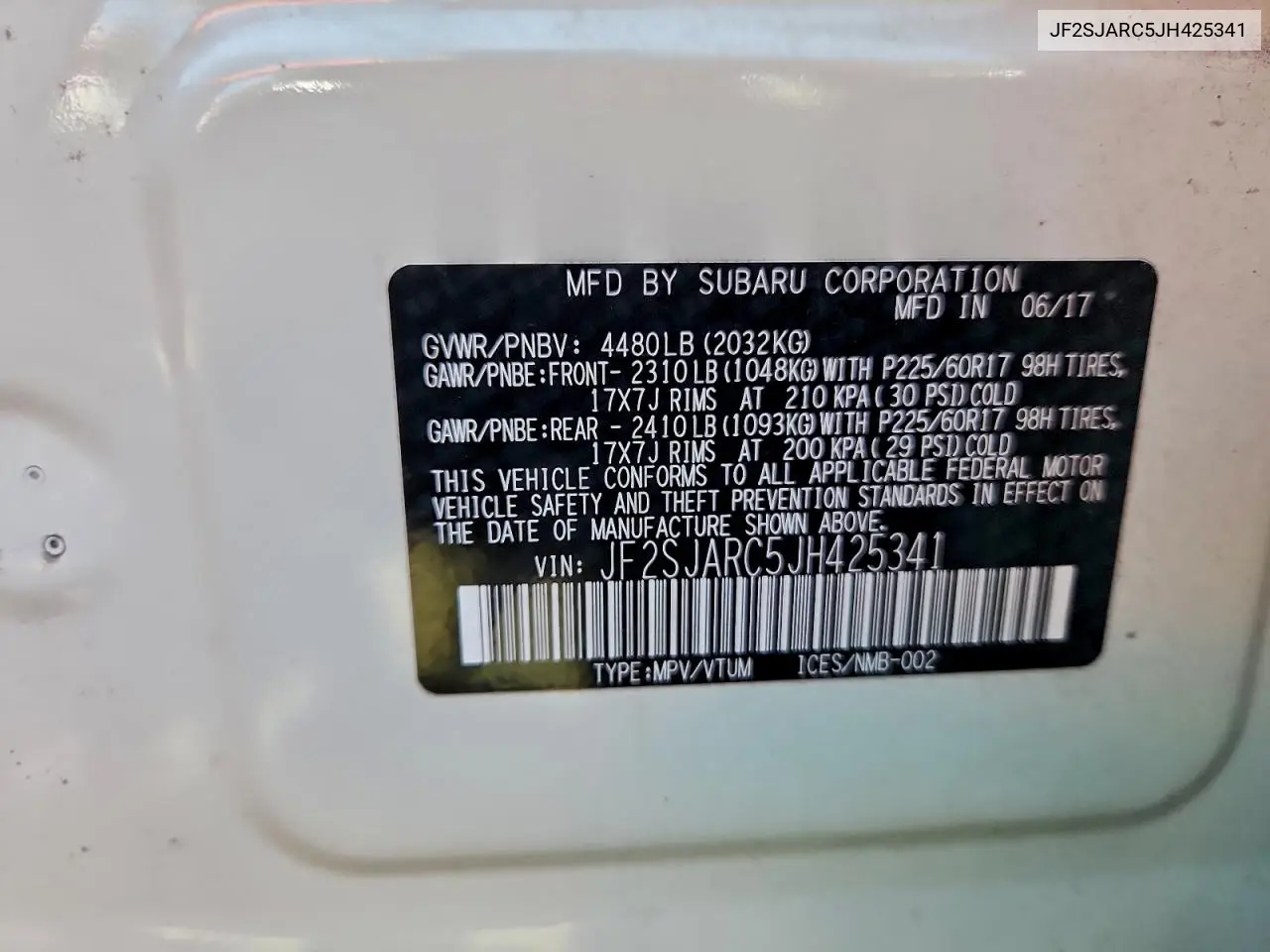 JF2SJARC5JH425341 2018 Subaru Forester 2.5I Limited