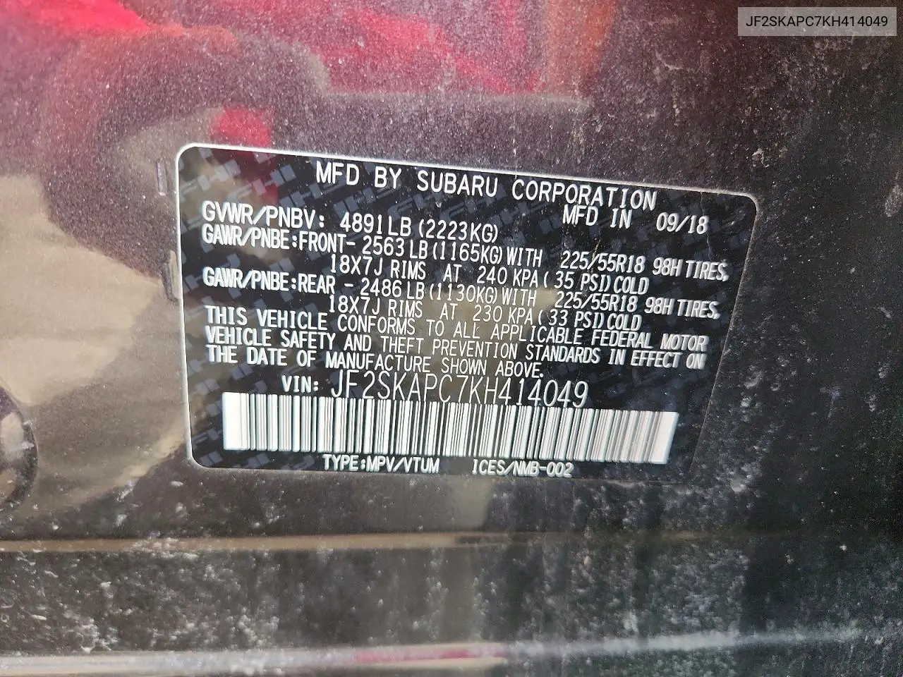 JF2SKAPC7KH414049 2019 Subaru Forester Sport