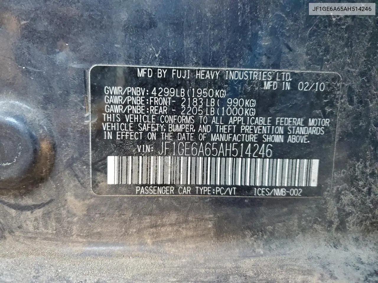 JF1GE6A65AH514246 2010 Subaru Impreza 2.5I
