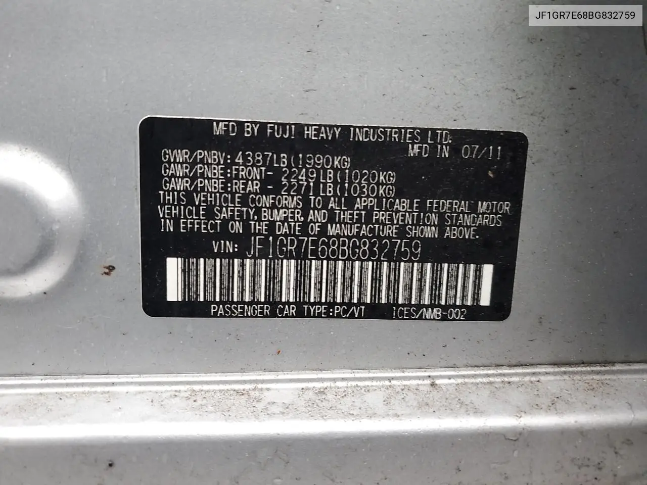 JF1GR7E68BG832759 2011 Subaru Impreza Wrx