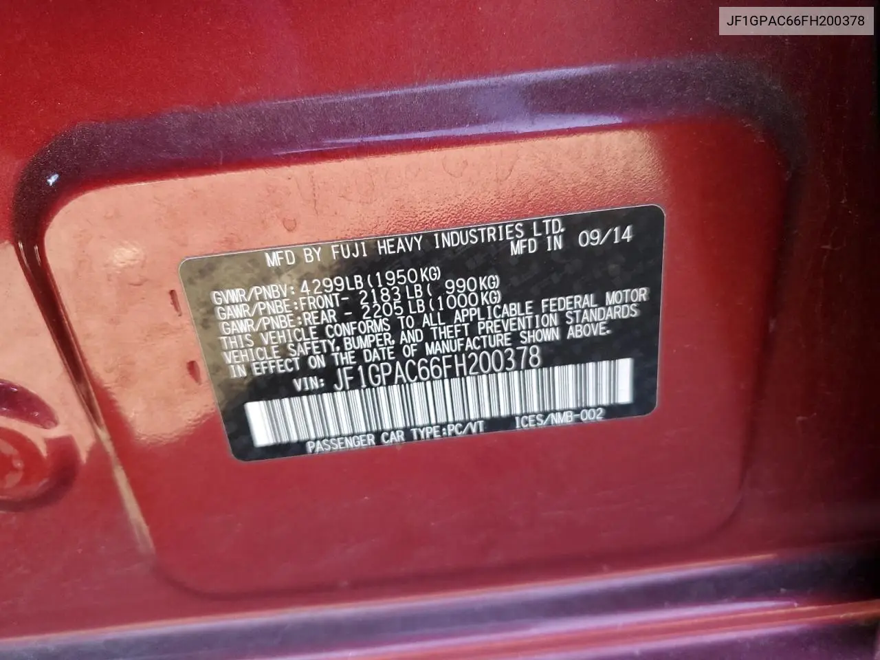 JF1GPAC66FH200378 2015 Subaru Impreza Premium