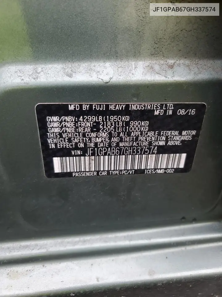 JF1GPAB67GH337574 2016 Subaru Impreza Premium