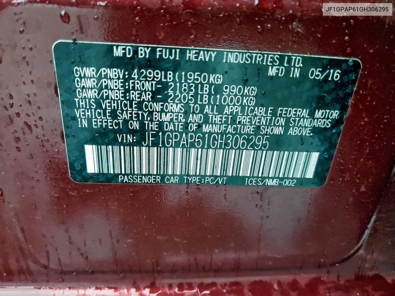 JF1GPAP61GH306295 2016 Subaru Impreza Sport Premium