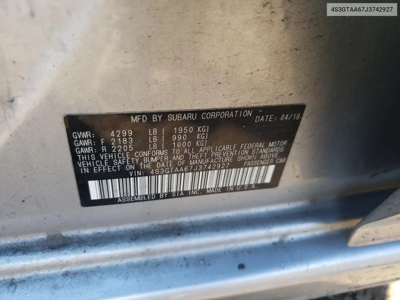 4S3GTAA67J3742927 2018 Subaru Impreza