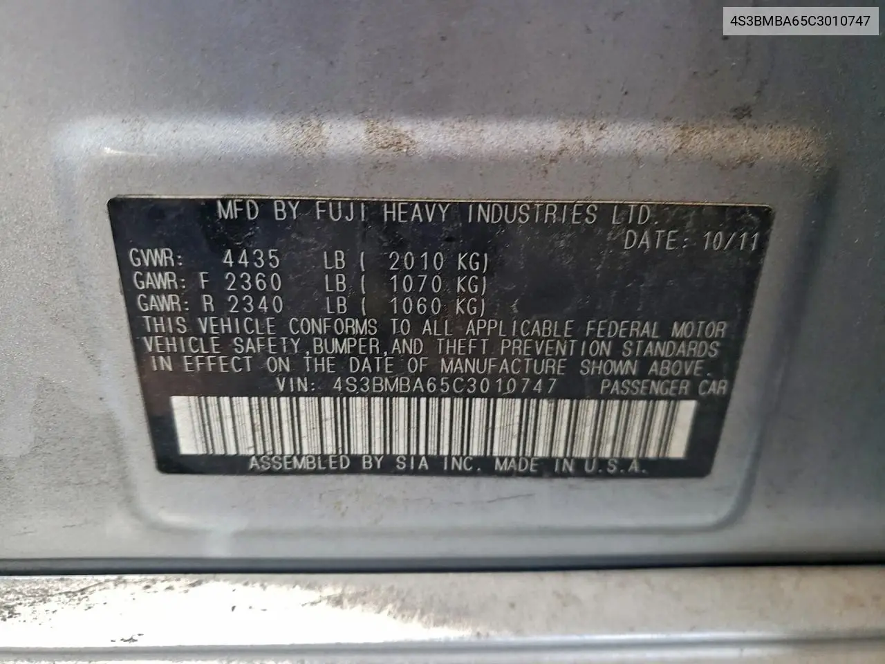 4S3BMBA65C3010747 2012 Subaru Legacy 2.5I