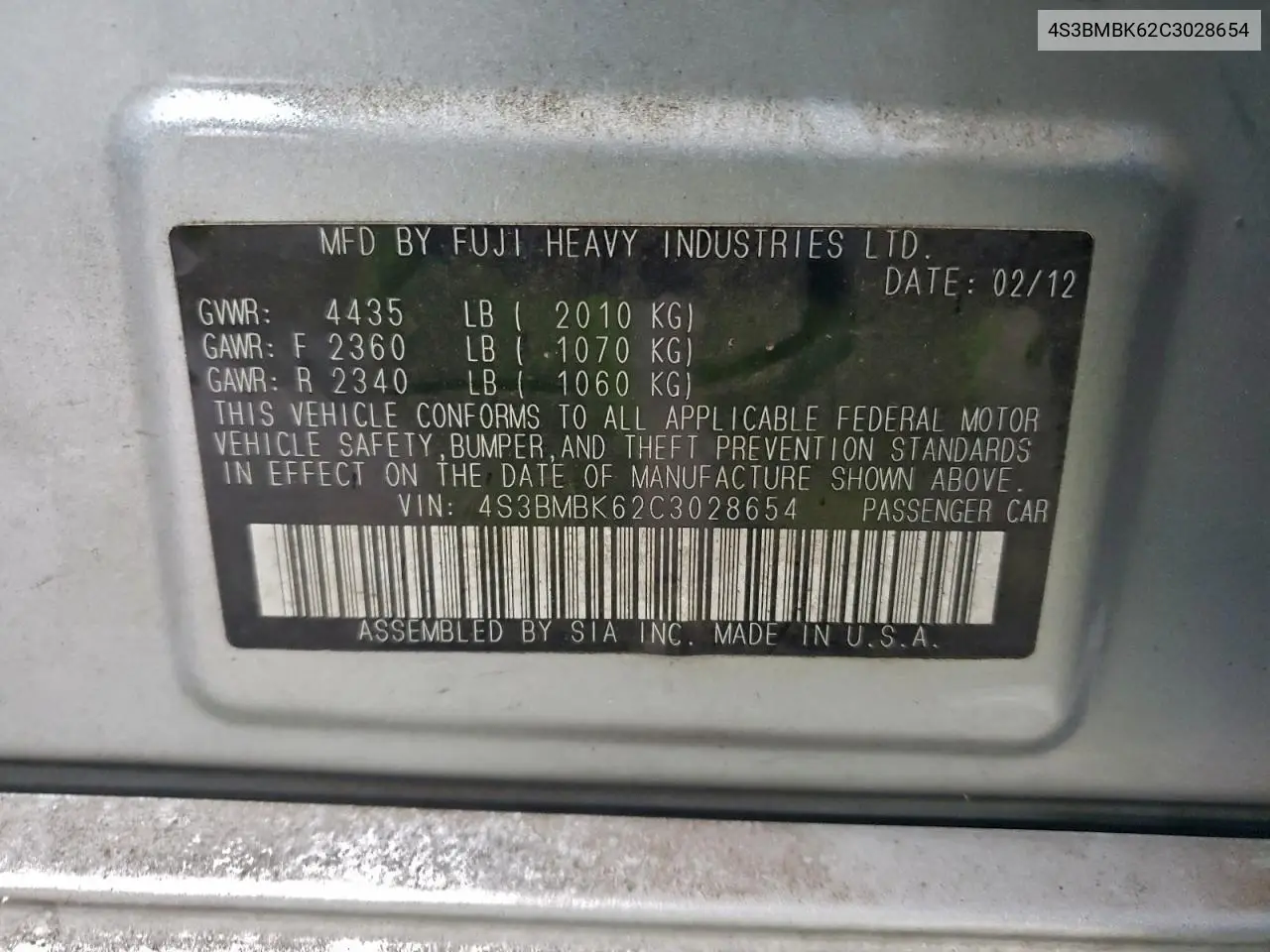 4S3BMBK62C3028654 2012 Subaru Legacy 2.5I Limited