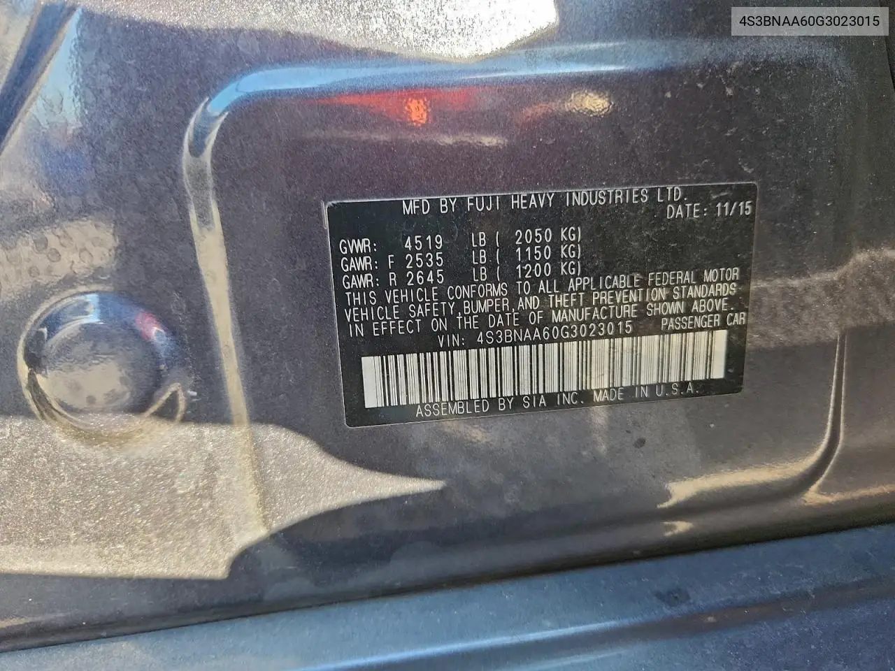 4S3BNAA60G3023015 2016 Subaru Legacy 2.5I