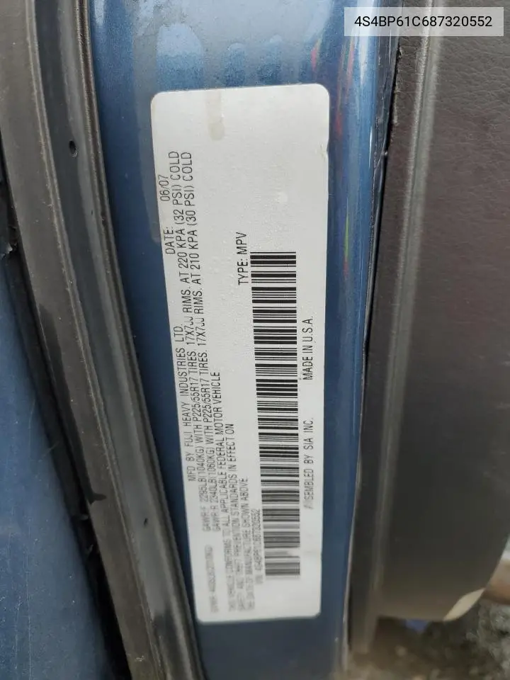 4S4BP61C687320552 2008 Subaru Outback 2.5I