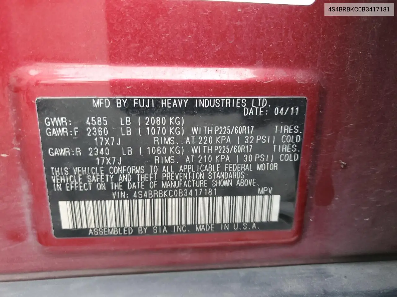 4S4BRBKC0B3417181 2011 Subaru Outback 2.5I Limited
