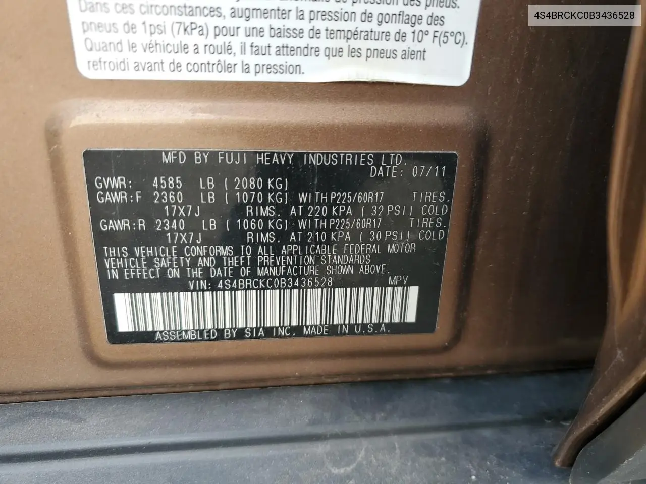 4S4BRCKC0B3436528 2011 Subaru Outback 2.5I Limited